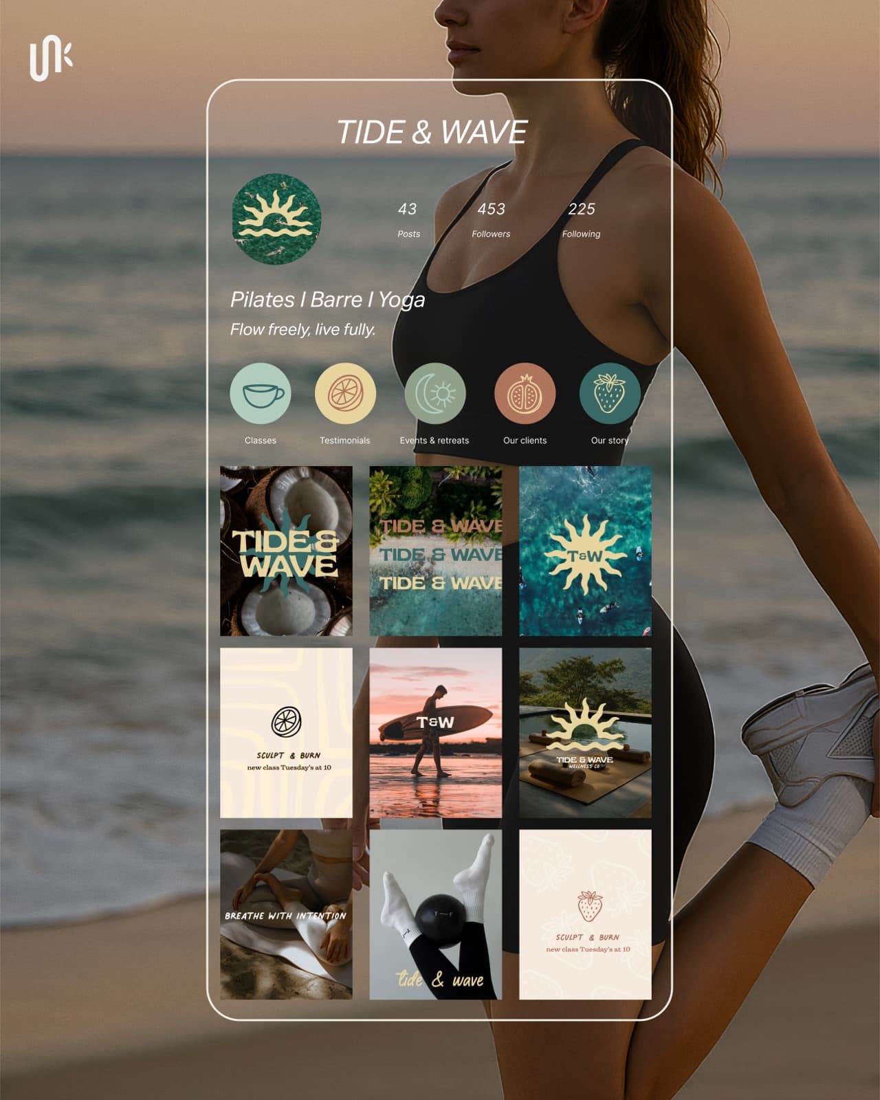 Tide And Wave Instagram profile mockup with highlights grid and coastal feed