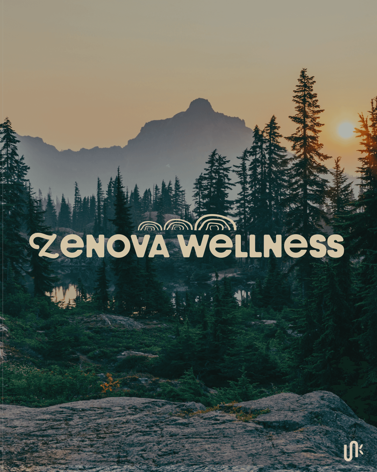 Zenova Wellness logo over an evergreen mountain landscape