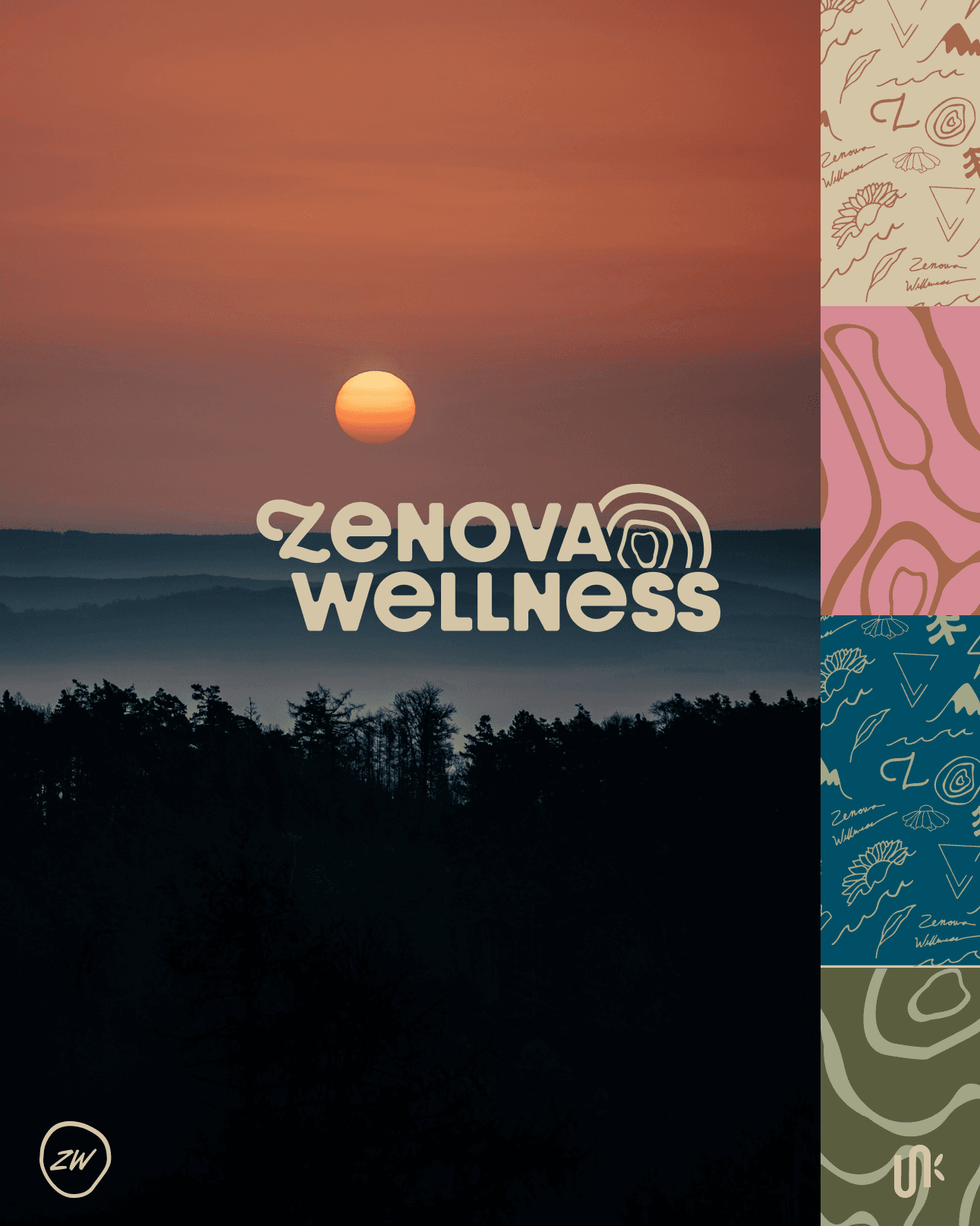 Zenova Wellness wordmark with organic patterns and sunset photography