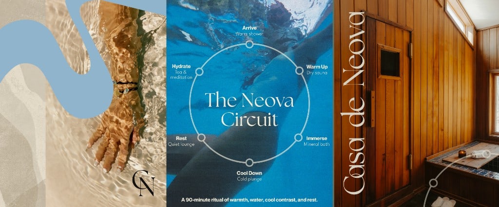 The Neova Circuit layout: a hand in shallow water, a circular sequence of arrive, warm up, immerse, cool down, rest and hydrate, and a wood-lined sauna with Casa de Neova set vertically. Brand concept in development at Jaia Studio.