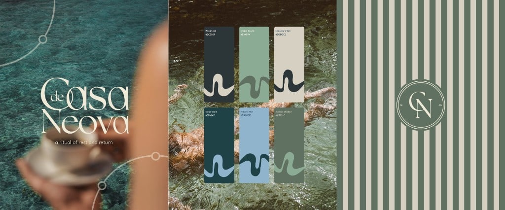 Casa de Neova colour board: the wordmark over turquoise water, six named mineral colour chips on a water photograph, and a sage stripe field with a CN monogram. Brand concept in development at Jaia Studio.
