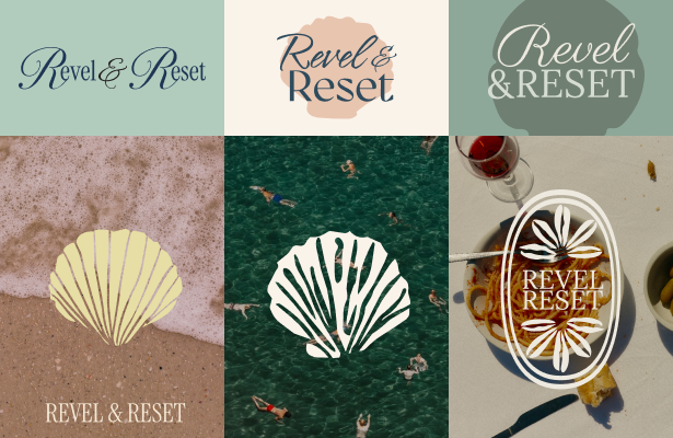 Early Revel & Reset brand direction featuring refined serif typography, coastal colours, shell illustrations, and elegant retreat-inspired imagery.