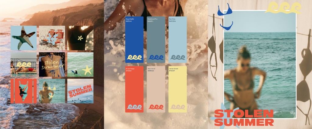 Playful Stolen Summer swimwear brand concept with coral, yellow, and royal blue colour cards over beach photography