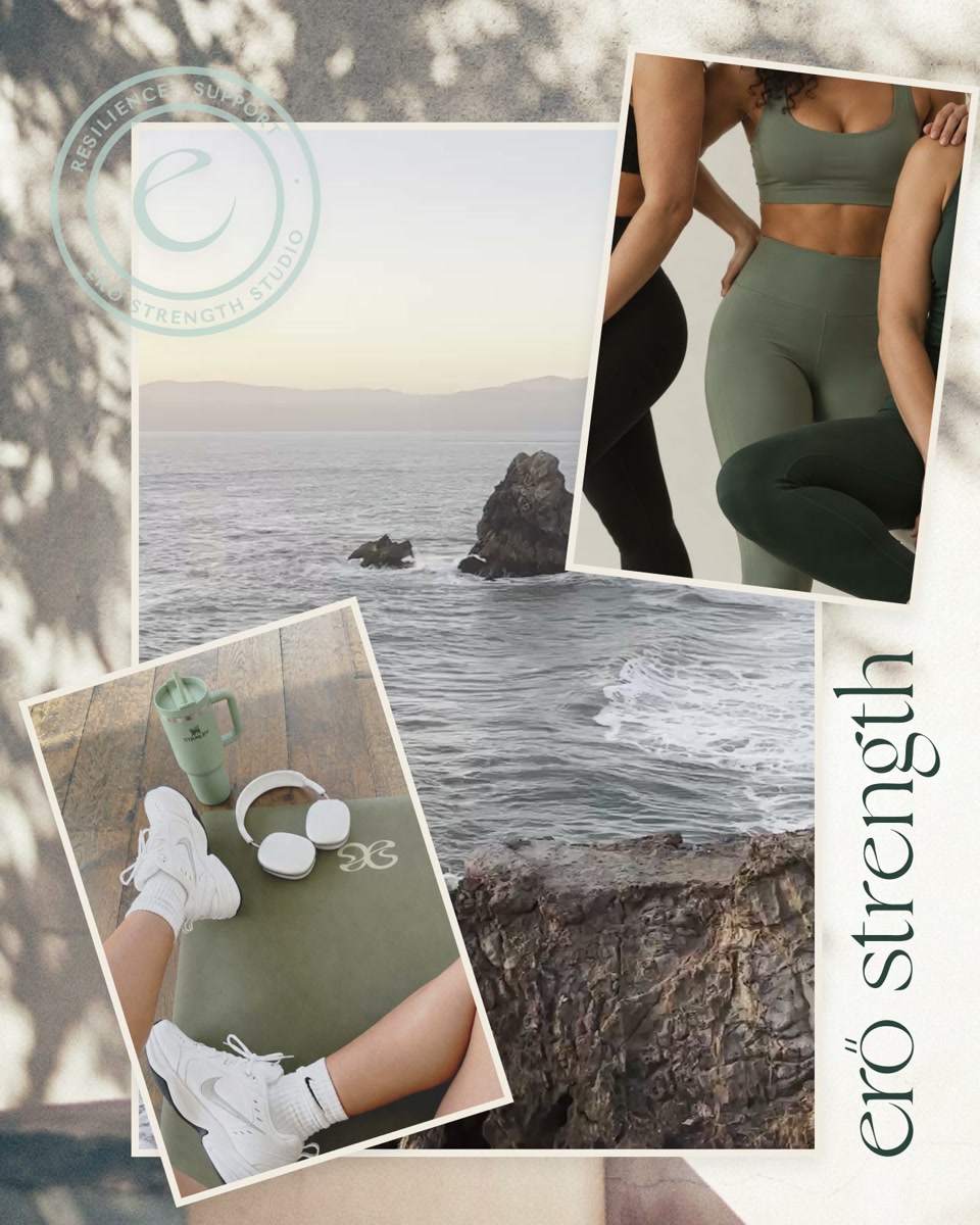erő brand collage with coastal photography, green activewear and branded accessories.