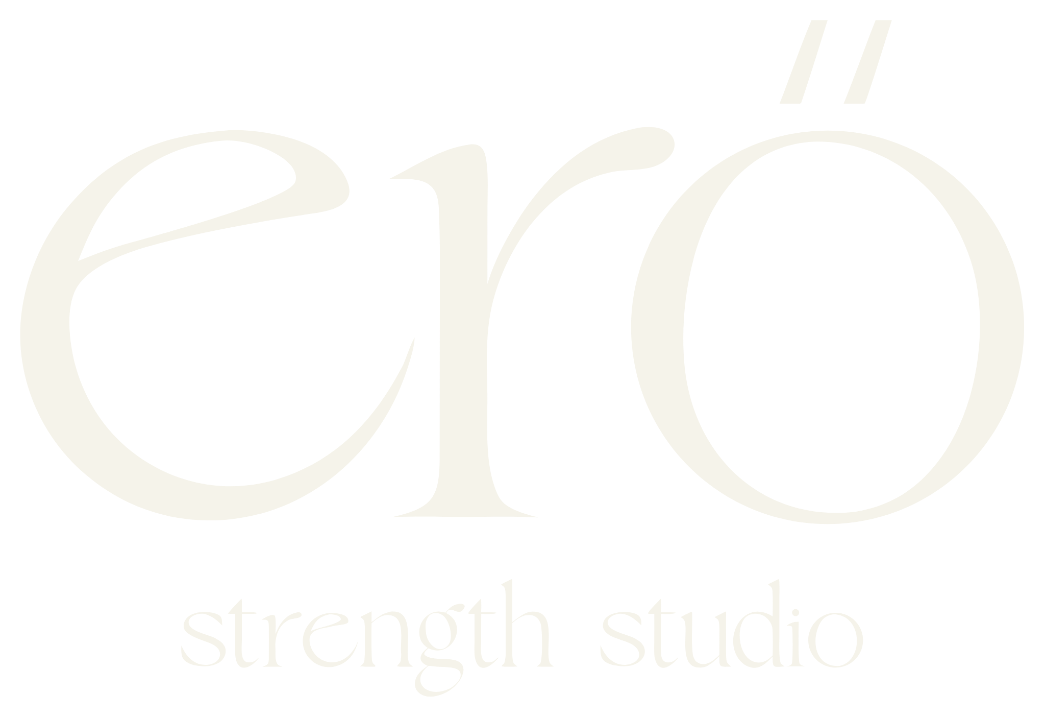 The erő wordmark with its double acute accent and strength studio descriptor, in Foam White on Deep Current green.