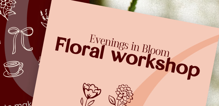 Evenings in Bloom set in smaller type above the larger words Floral workshop, on the peach Florencia Wellness card.