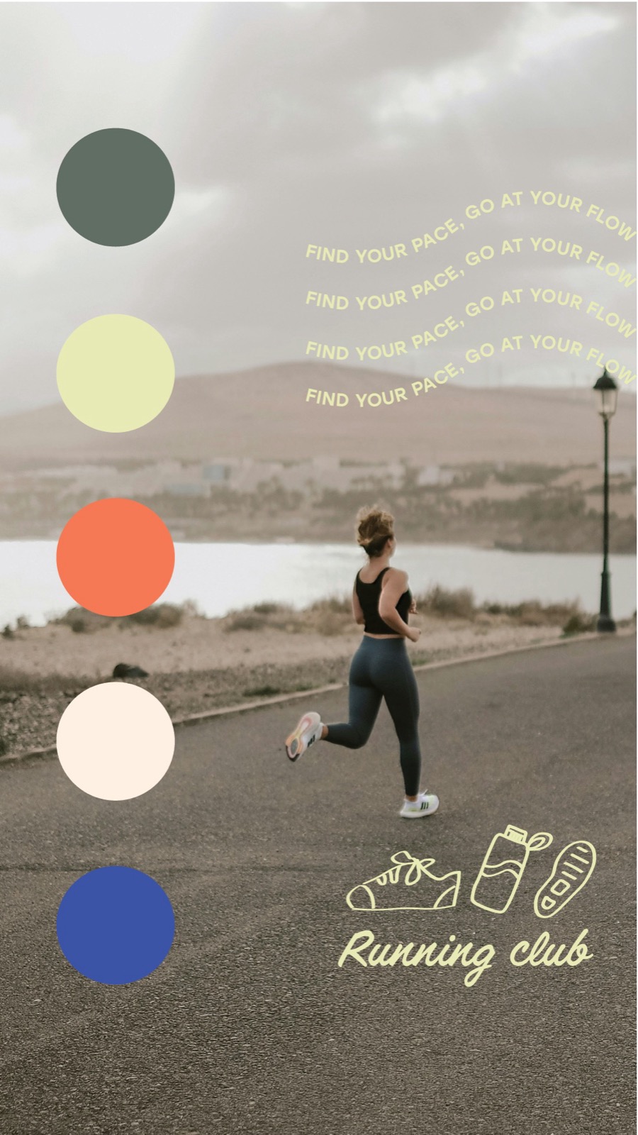 Coastal run photography with Flow + Go colour palette, icons, and Find your pace go at your flow type