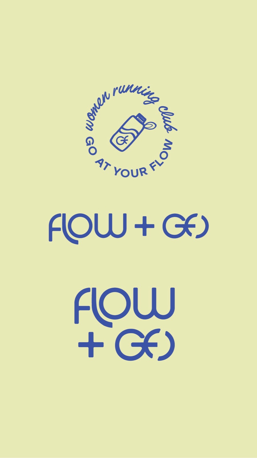 Flow + Go circular emblem, horizontal wordmark, and stacked wordmark on a pale yellow field