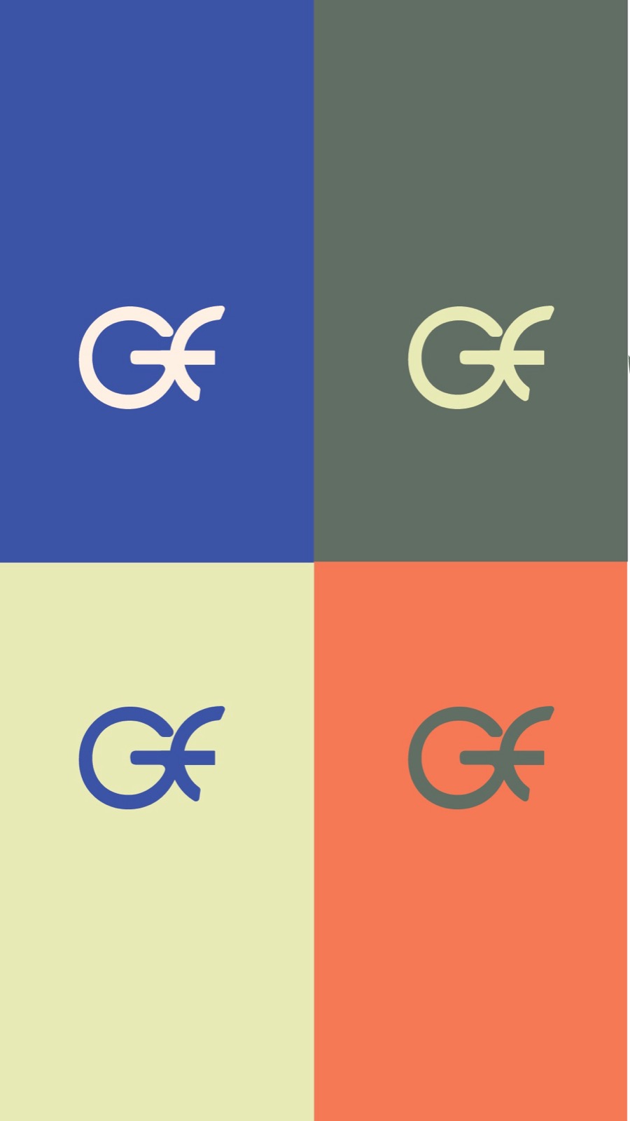 Flow + Go monogram shown across blue, olive, cream, and coral colourways