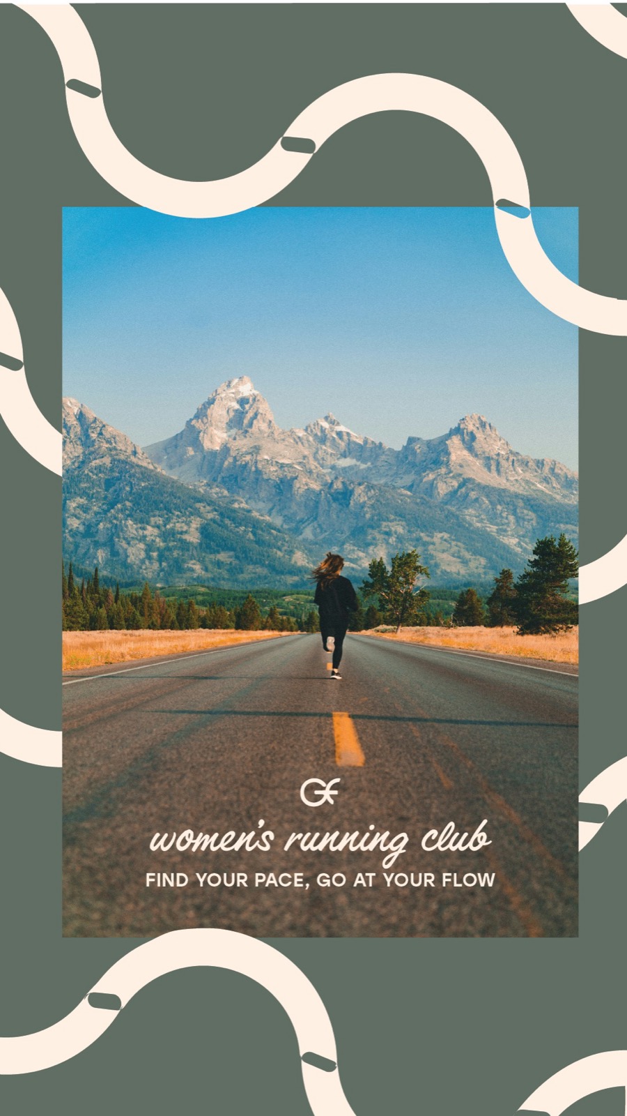 Runner on a mountain road with Flow + Go monogram and women's running club line