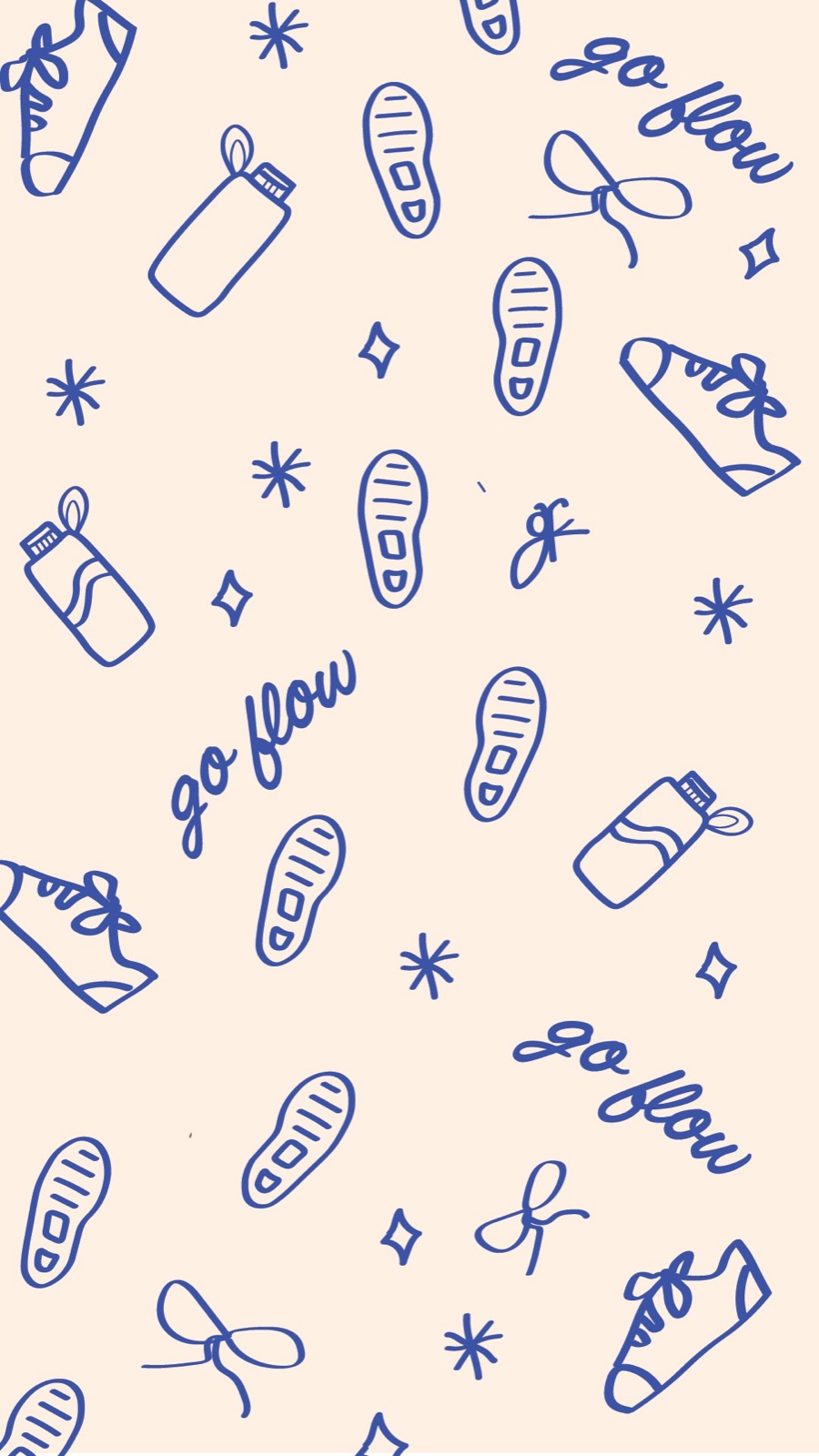 Flow + Go pattern with sneakers, water bottles, footprints, and go flow script