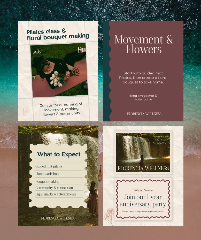 One-year anniversary social system: Graphic design posts created to promote the Florencia Wellness one-year anniversary event