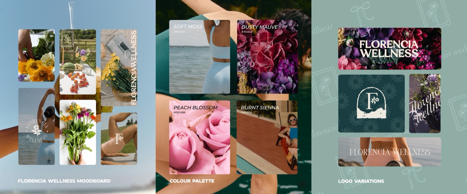 Final wellness brand designs: Final Florencia Wellness brand identity showing logo variations, colours, typography, and floral-inspired design details
