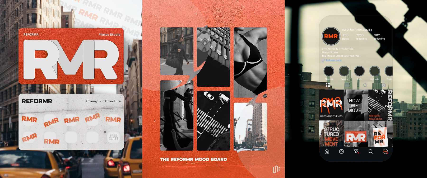REFORMR Pilates branding concept with bold orange logo, brutalist styling, and high-contrast editorial visuals
