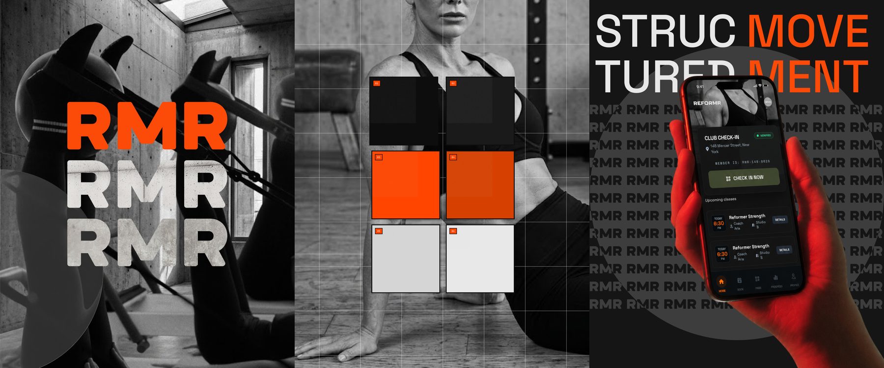 REFORMR Pilates brand identity showing structured typography, modern fitness styling, and a black, white, and orange palette