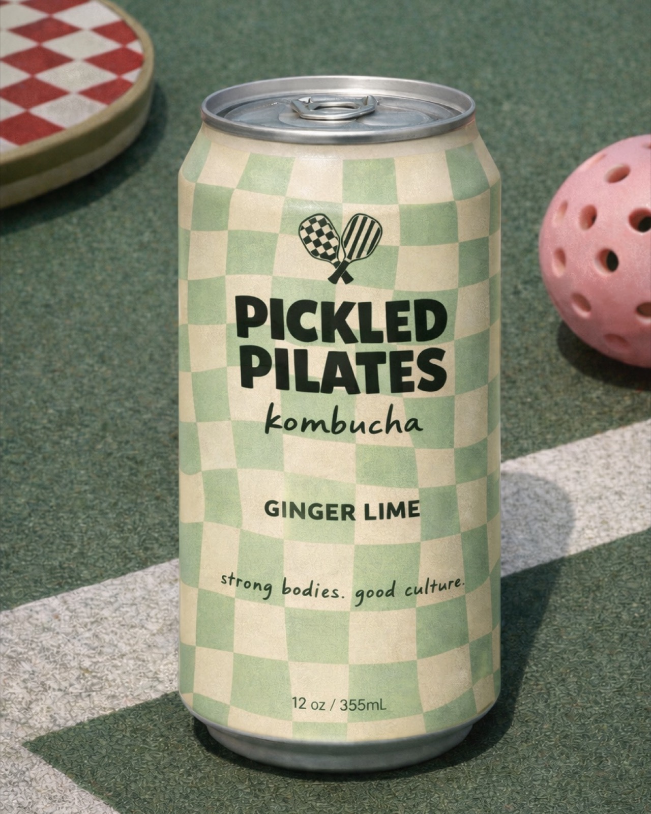 Pickled Pilates Ginger Lime kombucha can on a green court with pickleball props
