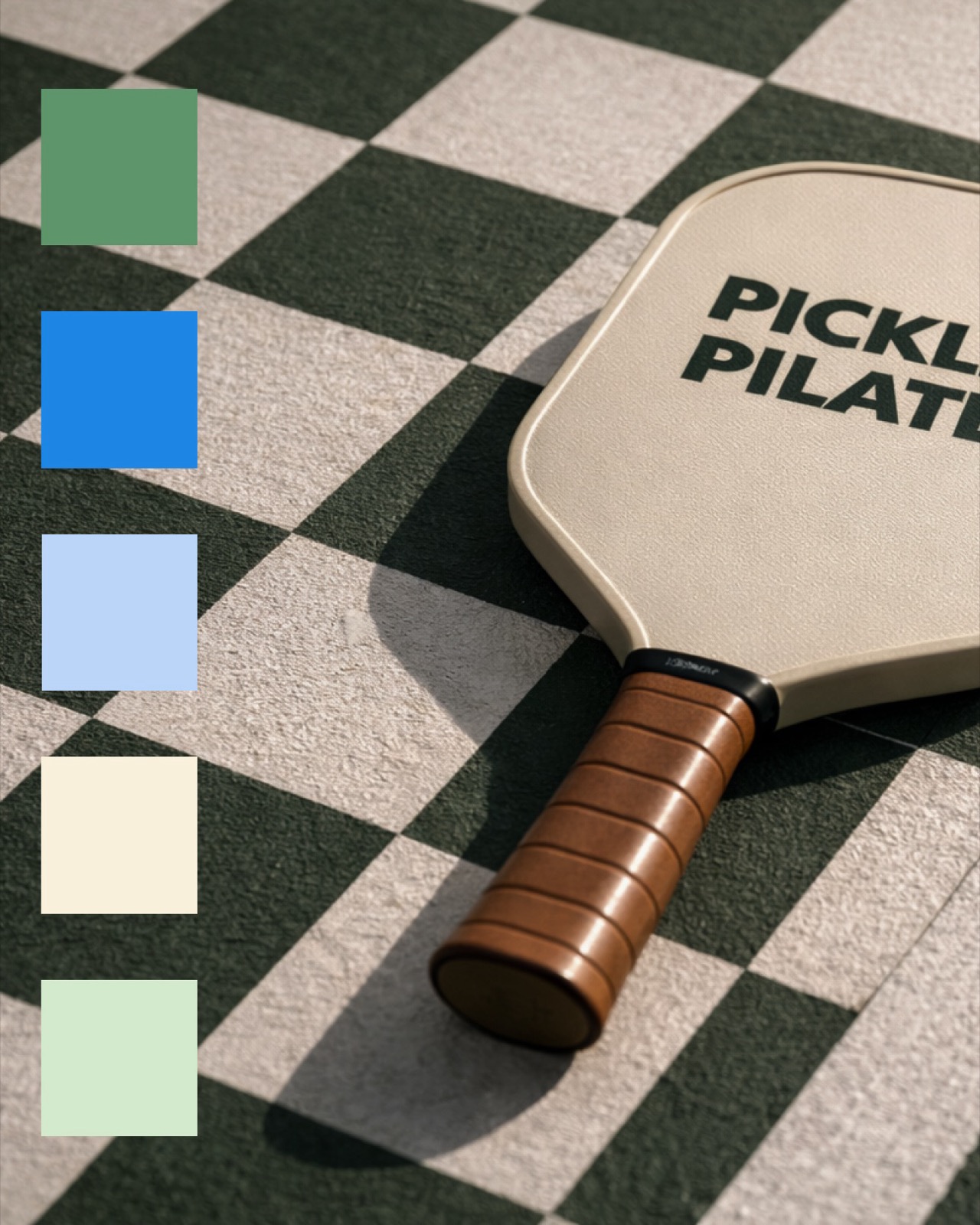 Pickled Pilates paddle mockup on a checkered court beside the brand colour palette