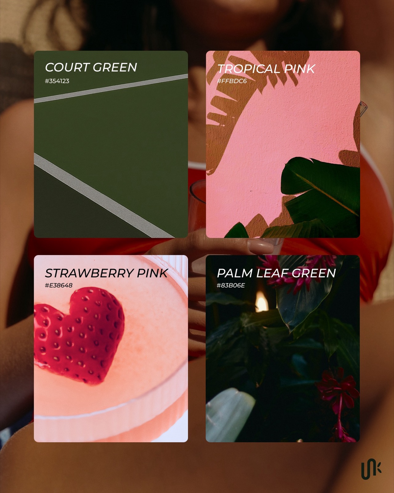 The Pressed Club colour system with Court Green, Tropical Pink, Strawberry Pink, and Palm Leaf Green