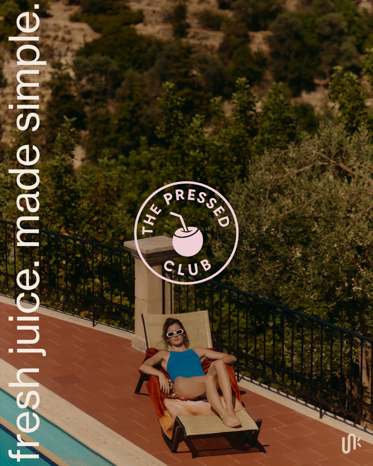 The Pressed Club lifestyle identity with circular coconut logo over sunbed photography