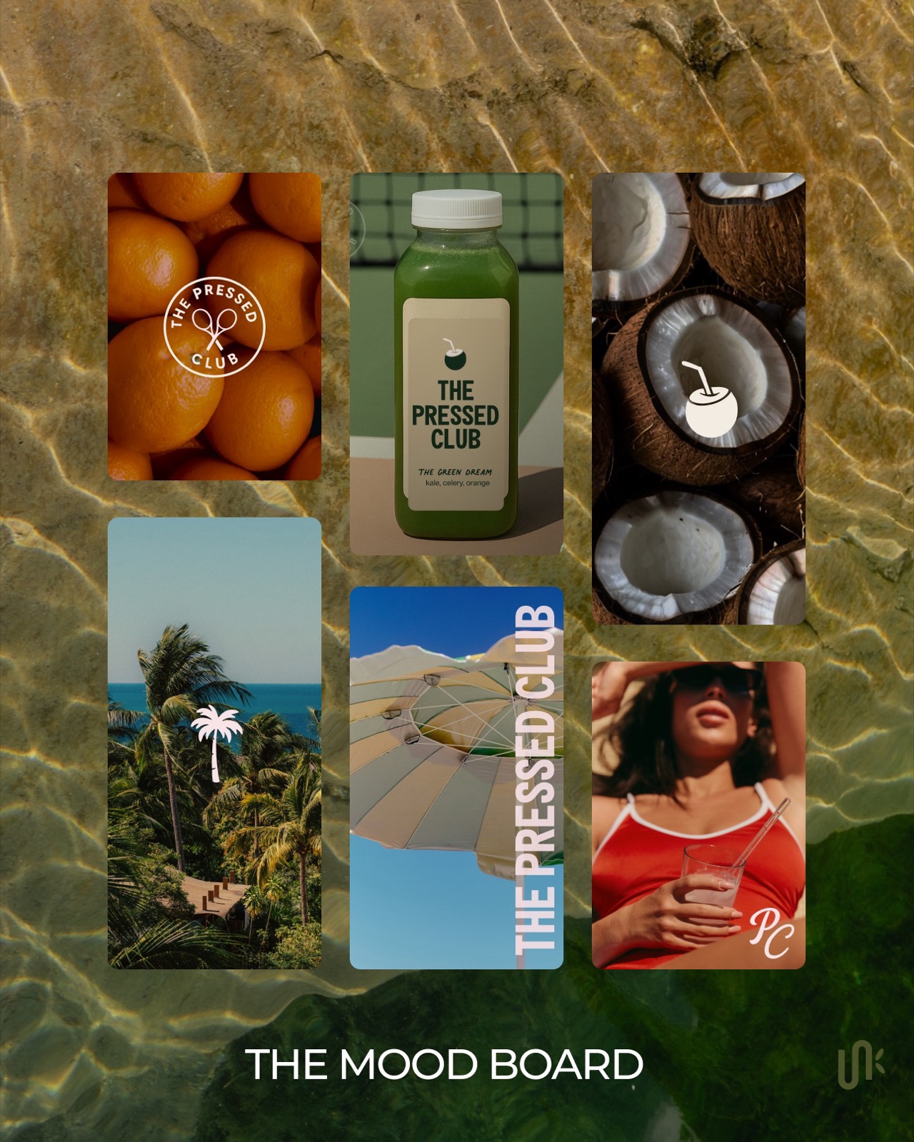 The Pressed Club moodboard with oranges, green juice bottle, coconut, palms, and lifestyle photography