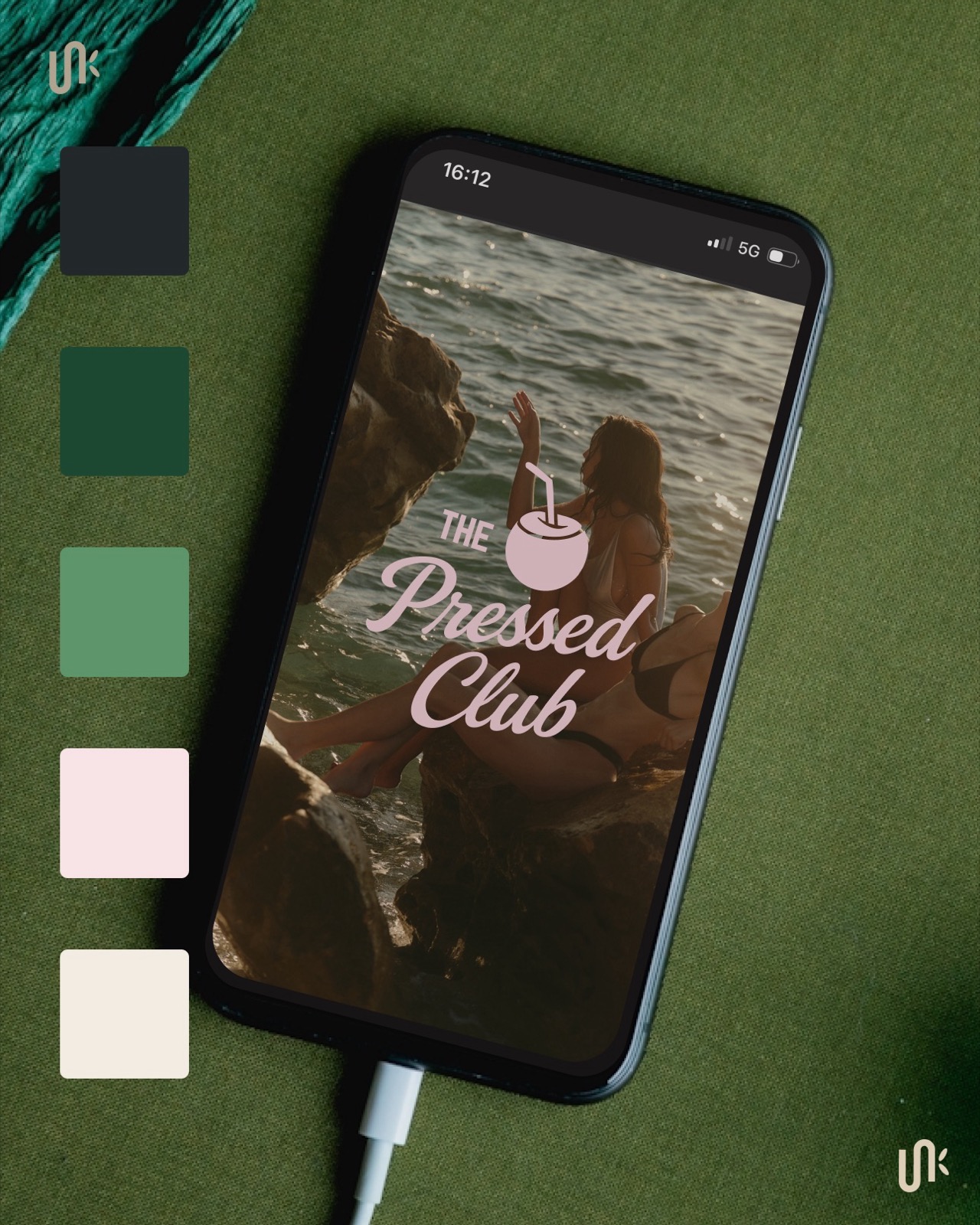 The Pressed Club script wordmark on a phone mockup beside the brand colour palette