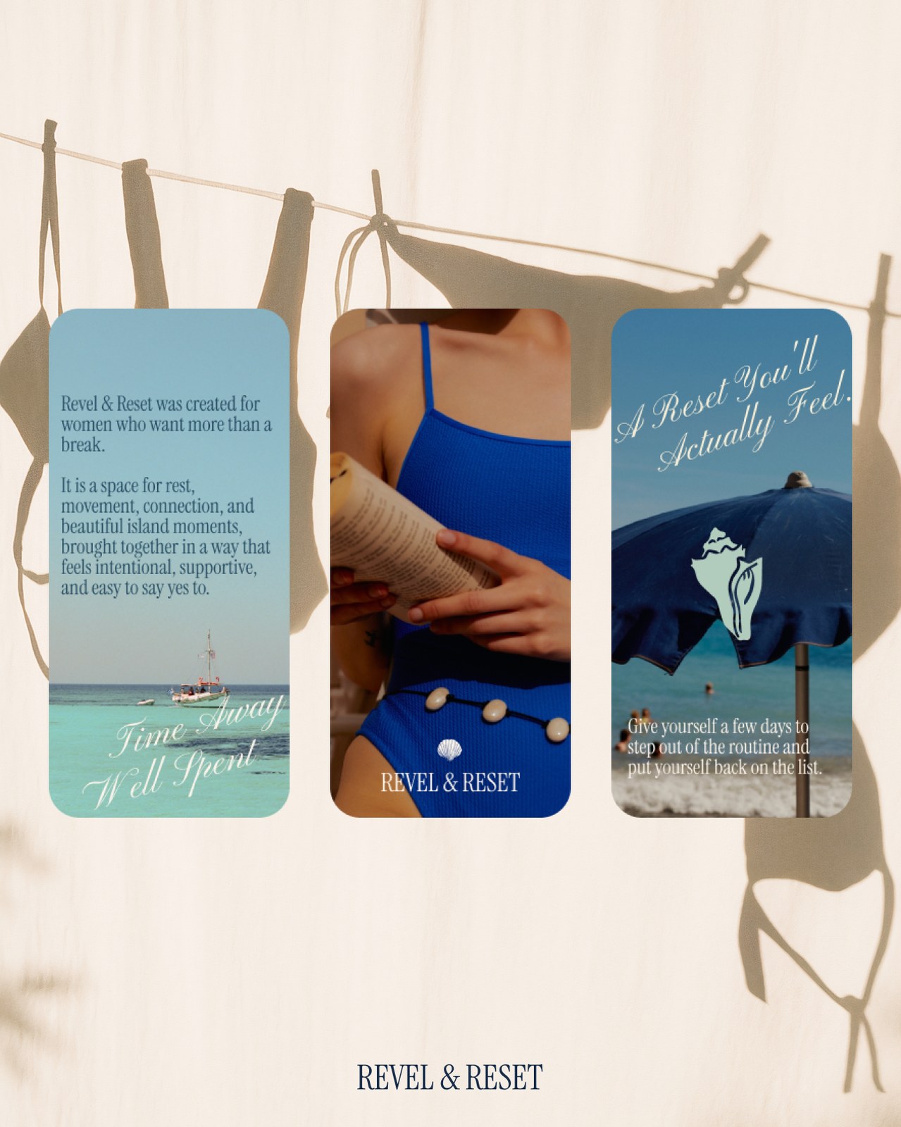 A coordinated Revel and Reset launch system showing three distinct Instagram Story designs from the same retreat brand